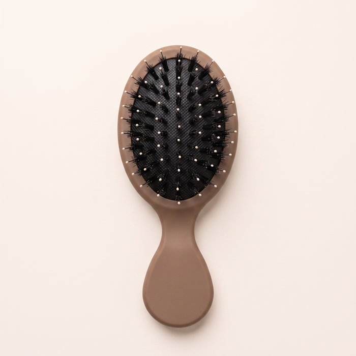Mane Baby Mini Boar Bristle Brush, bristle side up, showing the black cushion pad with mixed boar bristles