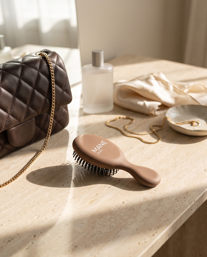 Mane Baby Mini Boar Bristle Brush resting on a marble vanity in morning light, beside a leather handbag and perfume bottle