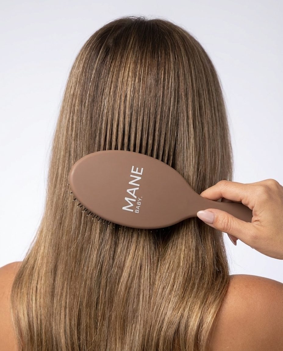 The Mane Baby Original brush mid-stroke through long bronde hair