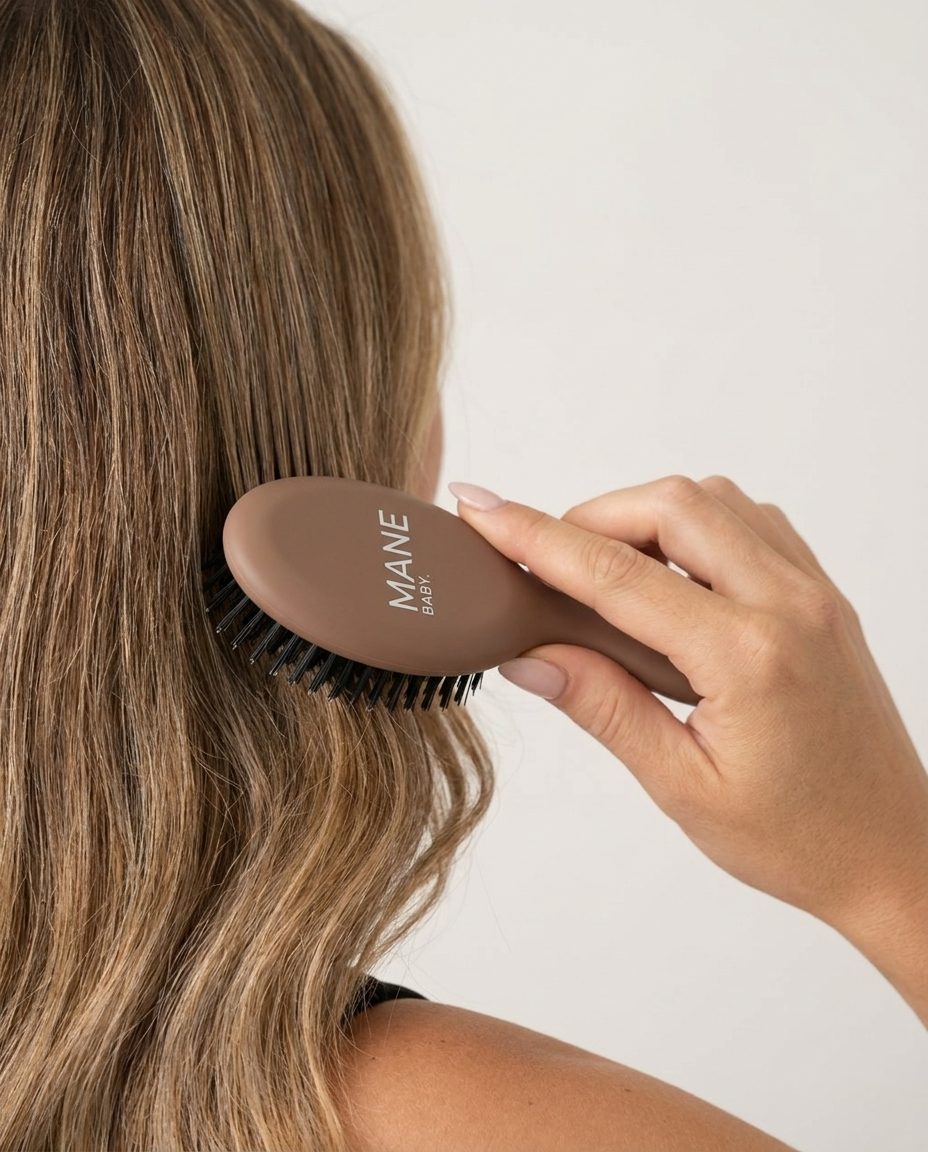 The Mane Baby Mini brush in use on long hair