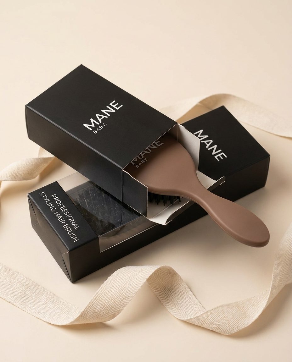 Mane Baby brush boxes styled as a gift with cotton ribbon